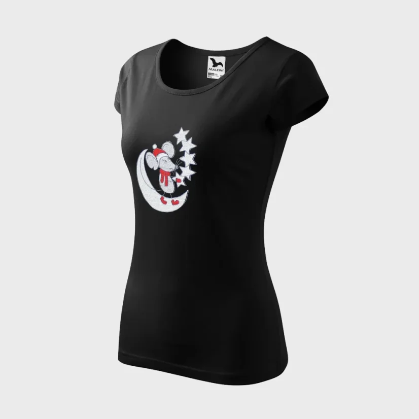 Bočný pohľad na dámske vyšívané tričko so svietiacou vianočnou výšivkou