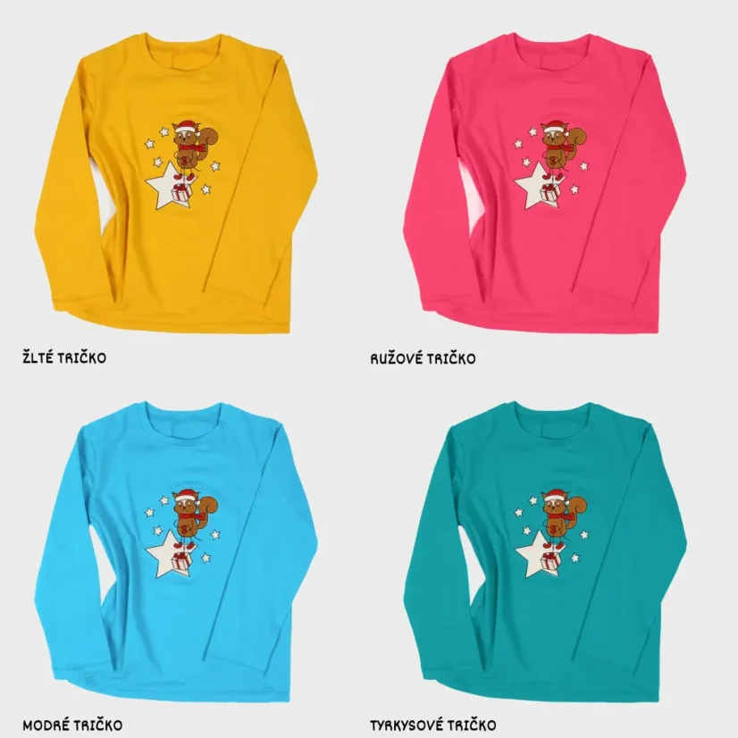 Farebné varianty detského trička s vianočnou výšivkou Veverička
