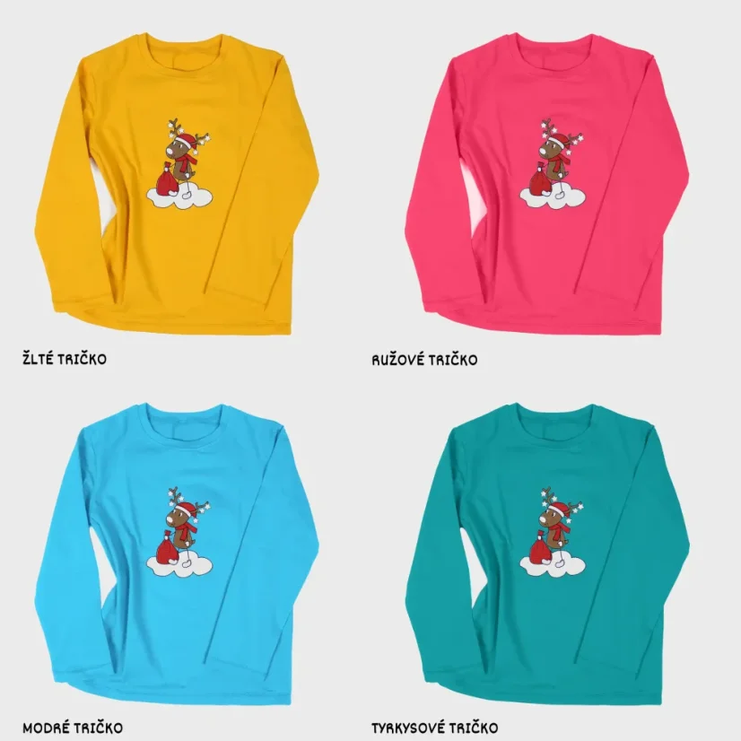 Farebné varianty detského trička s vianočnou výšivkou Jelenček