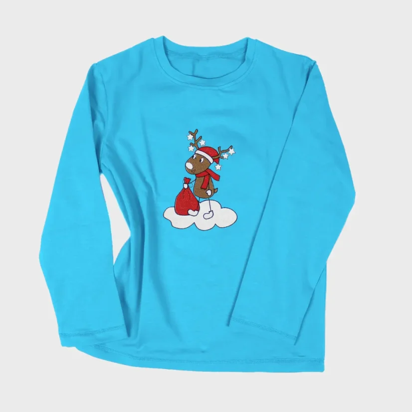 Detské modré tričko s vianočnou výšivkou Jelenček