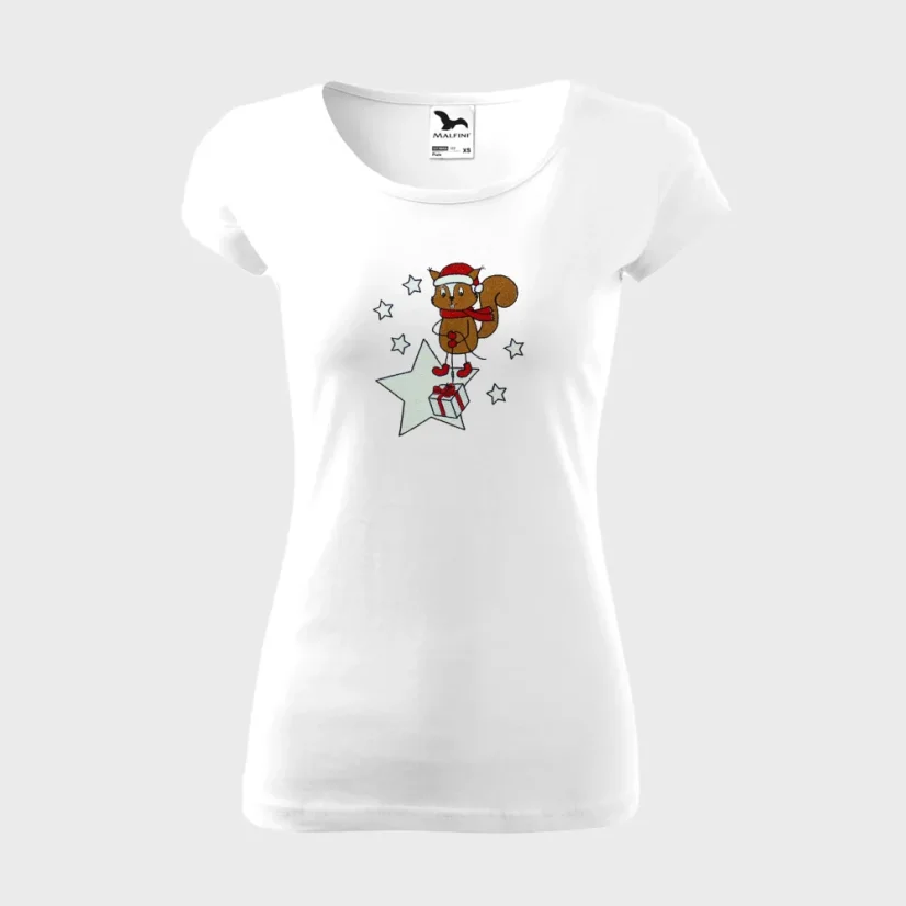 Dámske biele bavlnené tričko s vianočnou výšivkou - Veverička