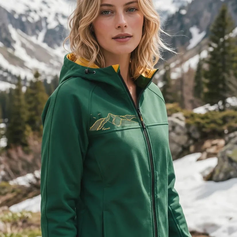 Dámska turistická softshellová bunda s výšivkou Kriváňa - zelená | Ejha