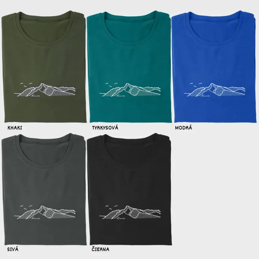 Farebné varianty pánskeho trička s výšivkou hôr