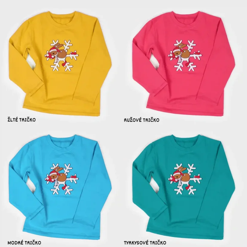 Farebné varianty detského trička s vianočnou výšivkou Zajko