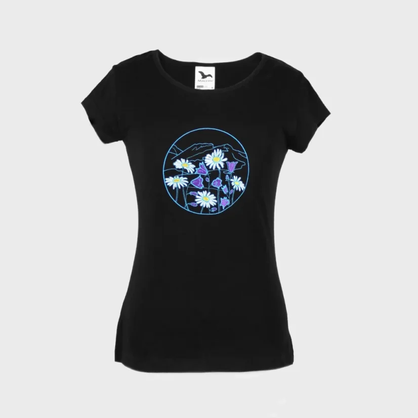 Dámske čierne bavlnené tričko s výšivkou kvetov - Lúčne kvety