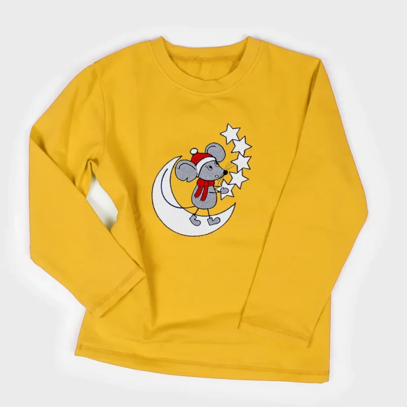 Detské žlté tričko s vianočnou výšivkou Myška