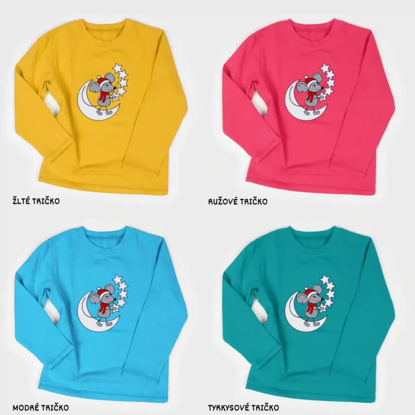 Farebné varianty detského trička s vianočnou výšivkou Myška
