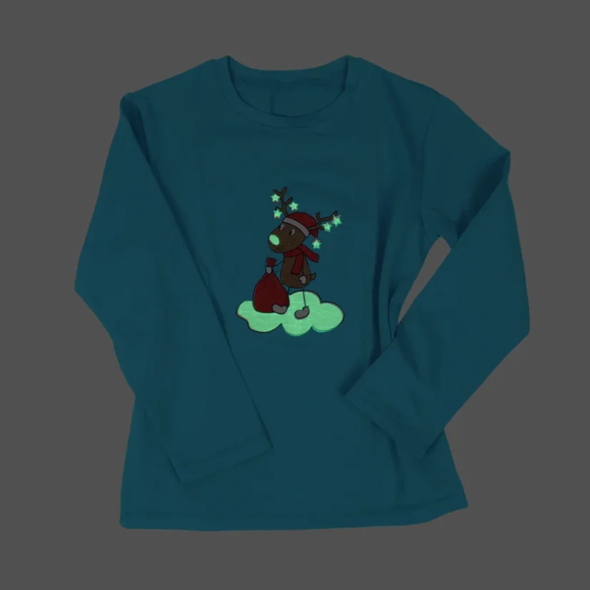 Bavlnené detské tričko s dlhým rukávom a vianočnou svietiacou výšivkou Jelenček